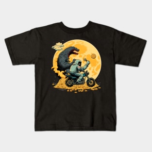 ramen monster in moon of Kanagawa  riding motorcycle Kids T-Shirt